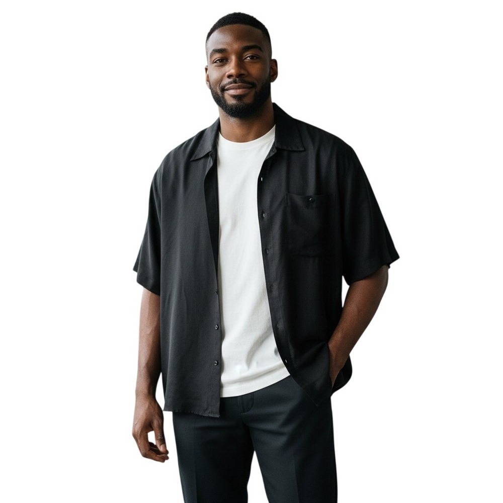 MTO International Mens Black 100% Washable Silk Short Sleeve Button Down Shirt L